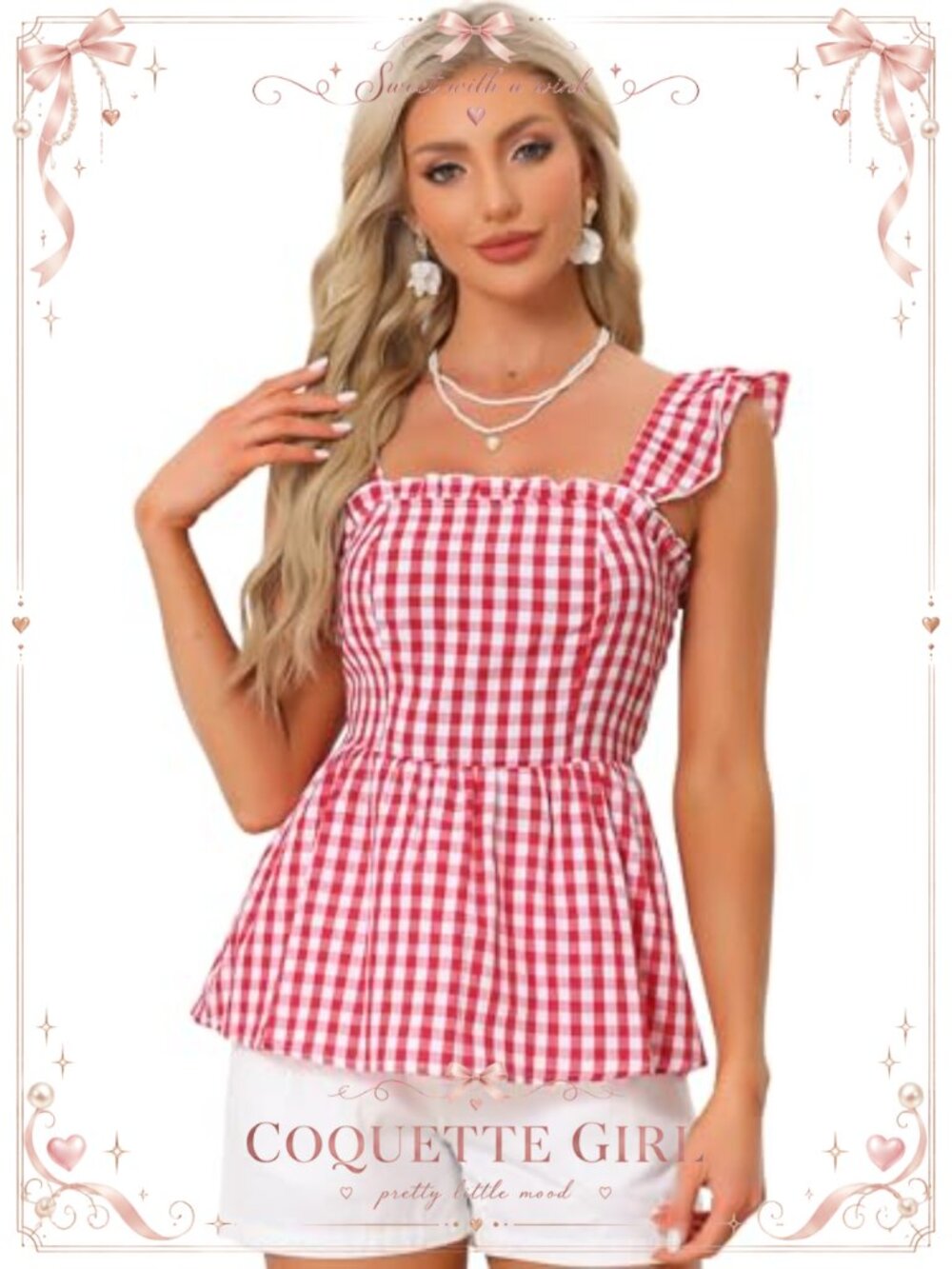 Gingham Peplum Sleeveless Blouse Square Neck Ruffled Strap Summer Top
